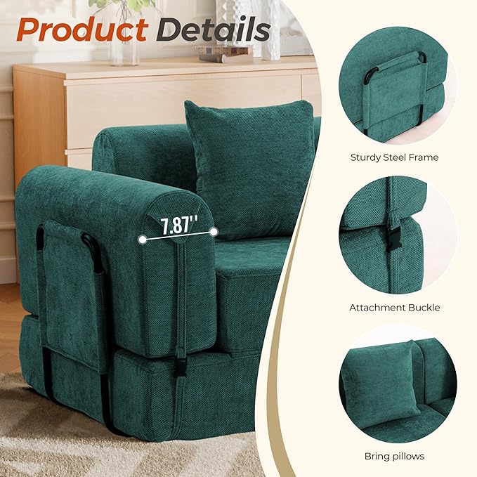 100" Oversized Convertible Sleeper Sofa Bed, Modular Sectional Cloud Sofa with Fixed-Shape Frame & Tabletop, Boneless Couch with Storage Pocket for Living Room, No Assembly Required, Green