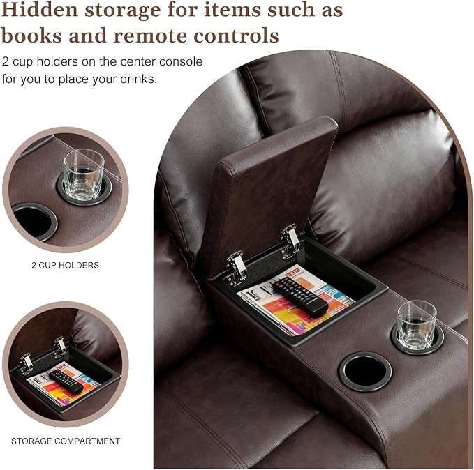 Saxum Tegmen Living Room Furniture Sets, Leather Recliner Sofa, Sectional Sofa Set with Convertible Table & Cup Holders, 3 Pieces Furniture for Living Room/RV/Office (3 Pieces Set, Brown Leather)