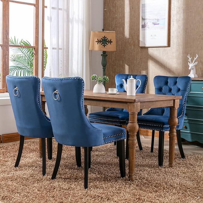 YeahFurn Blue Mid Century Modern Dining Chairs Set of 2, Velvet Upholstered Kitchen & Dining Room Chairs with Nailhead Trim & Solid Wood Legs, Elegant Sillas De Comedor (Blue, 2 Pcs)