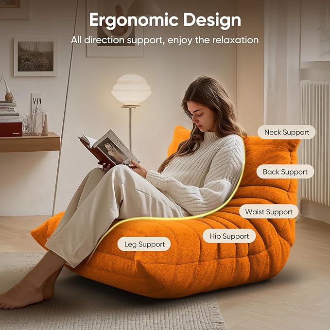 cebihy Premium Quality Fireside Togo Sofa Bean Bags Chair for Adults Giant BeanBag Chairs Floor Couch for Living Room Bedroom Dorm Office, Compression Togo Couch, No Assembly Required, Bright Orange