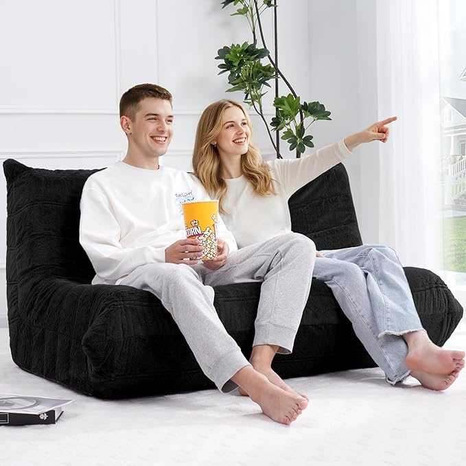 Bean Bag Loveseat Chair Big Sofa Beanbag Chair for Adults Fireside Chair Bean Bag Lounger with Memory Foam Filled for Home,Apartment or Gaming Venue（Black）