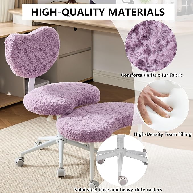 Meditation Chair with Lumbar Support,360° Swivel Cross Legged Chair with Wheels, Ergonomic Cross Legged Office Chair for Adults with ADHD, Height-Adjustable Yoga Chair,Faux Fur, Violet