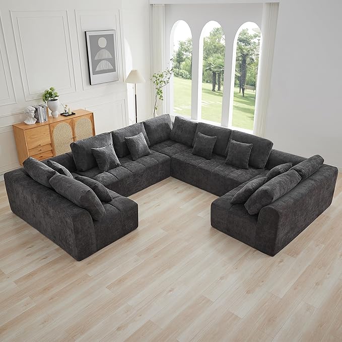 140'' Boneless Modular Couches for Living Room, Compressed Cloud Sectional Modern Sofa, U Shaped 9 Seater Upholstered Memory Foam Oversized Sofa, No Assembly, Chenille Beige
