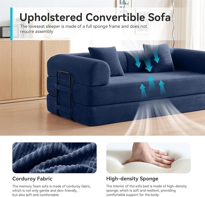 ZQRhome 79" 5-in-1 Convertible Sofa Bed, Premium Sleeper with Reinforced Frame & Plush Corduroy, No Assembly Modern Couch for Lounge, Living Room & Guest Room, Blue