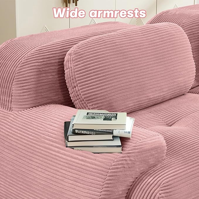 SoarFlash 81” Sectional Cloud Boneless Sofa Couches for Living Room-2 Seater L-Shaped Modern Lounge Couch-No Assembly Modular Corduroy Convertible Sponge Sleeper Sofas with Chaise for Home House,Pink