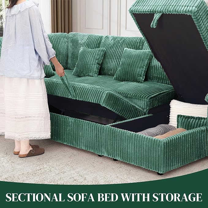 Modular Sectional Sleeper Sofa with Pull Out Bed, Storage Chaise & USB Charging, U Shaped Plush Corduroy Sectional Couches for Living Room, Comfy Convertible 7 Seat Cloud Sofa Bed Emerald Green