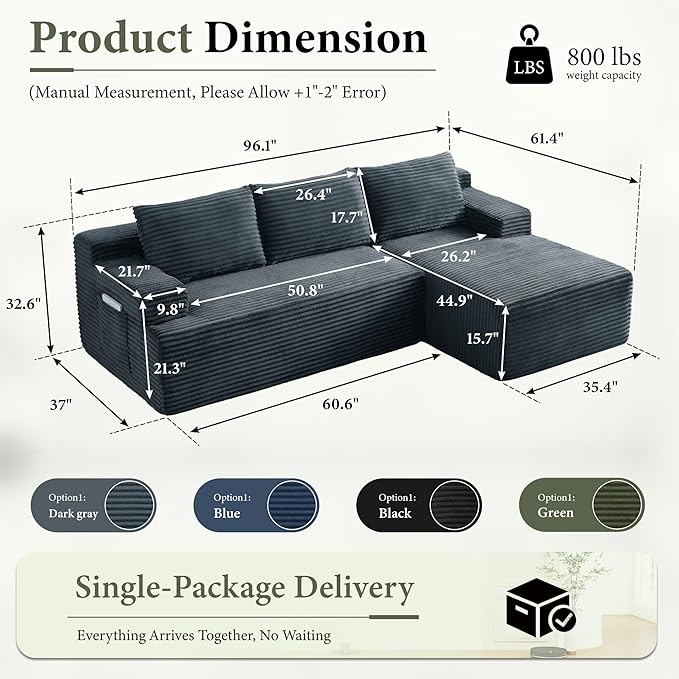 96" Sectional Couches for Living Room Cloud Couch Sofa with L-Shape Upholstered Boneless Couchs Modern Modular Sectional Couch with Chaise (Dark Grey, 96" W+Right Facing Chaise+2Seaters)