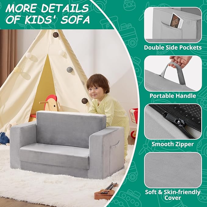 Kids Couch, 2-in-1 Toddler Chair Comfy 1-3 Years, Convertible Kids Chair, Toddler Couch That Fold Out, Kid Lounge Chairs for Boys and Girls, Soft Coral Fleece, Double, Grey