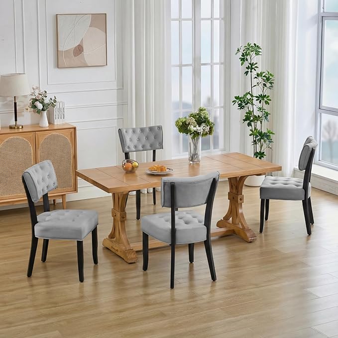 UVV Upholstered Dining Chairs Set of 4, Mid Century Modern Tufted Kitchen Chairs Dining Room Chairs, Velvet Dinner Chair with Wood Legs for Dining Room Kitchen, Light Grey-Black Legs