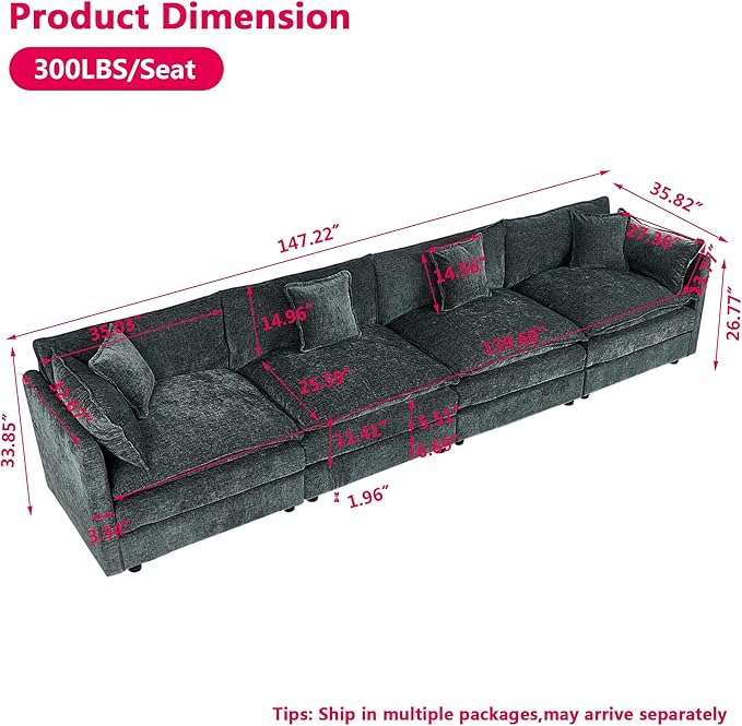 Aoowow Modular Sectional Sofa,147.2 Inch Deep 4-Seater Sofas Comfy Chenille Cloud Sofas and Couches with Pillows for Living Room Apartment（Grey）