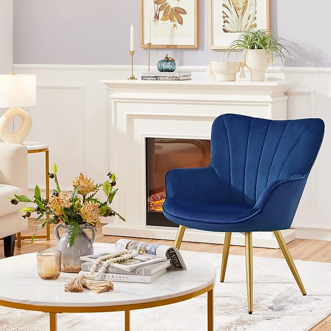 Yaheetech Velvet Accent Chair, Modern Armchair Vanity Chair with Wing Side and Metal Legs, Cozy and Soft Padded and High Back for Living Room/Home Office/Bedroom, Blue