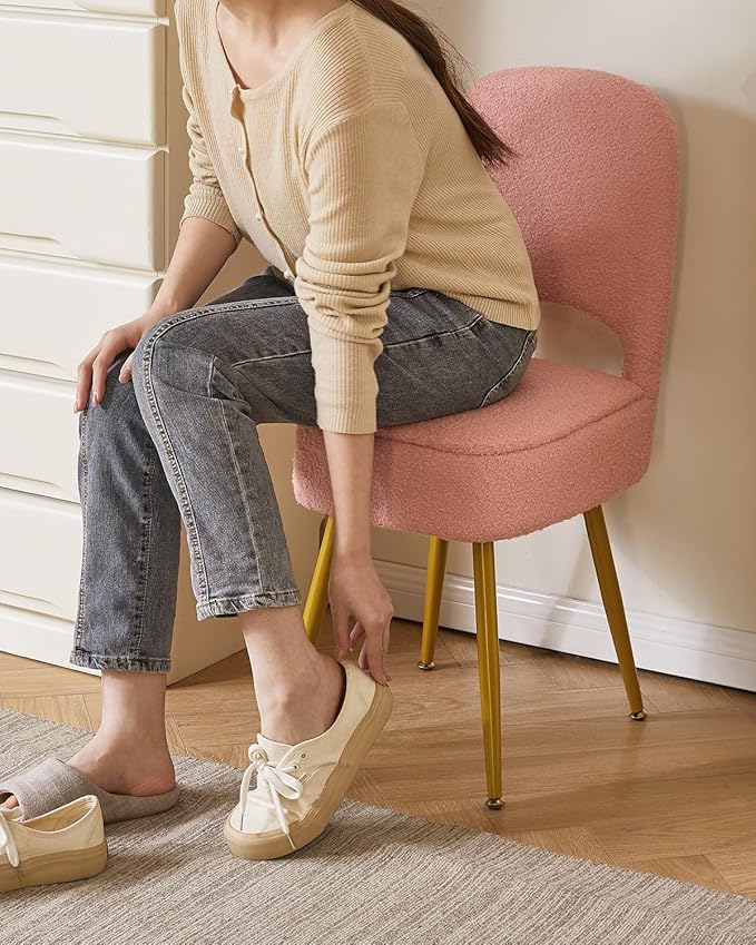 IBUYKE Small Storage Vanity Stool with Folding Backrest, 12.99" x 13.78" x 31.5" Square Teddy Velvet Ottoman, Makeup Chair for Living Room, 4 Metal Legs with Anti-Slip Feet, Pink WBD027P
