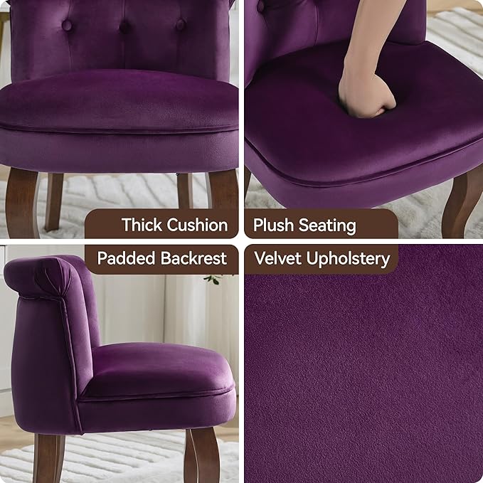 WUTUTUEE Velvet Vanity Chair with Solid Wood Legs, Tufted Upholstered Vanity Stool with Back, Mid Century Small Makeup Accent Chair for Bedroom, Living Room, Purple