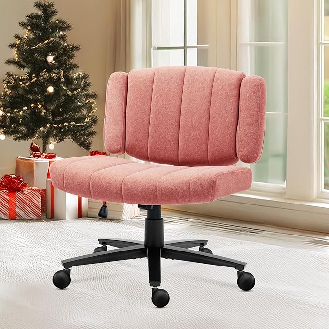 Vigosit Pink Criss Cross Office Chair with Wheels, Ergonomic Wide Seat Vanity & Dressing Table Chair, Adjustable Arms Swivel Rolling Desk Chair for Women, Comfortable Cross-Legged Support
