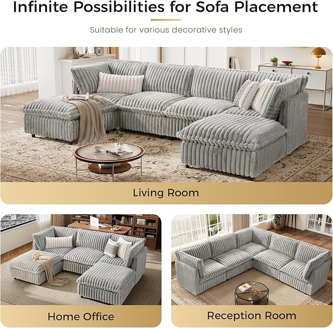 KKL Modular Sectional Couch for Living Room, V Shaped Corduroy Couches with 2 Ottomans, 7 Seater Oversized Sofa, Soft Fabric Modern Sofa, Grey