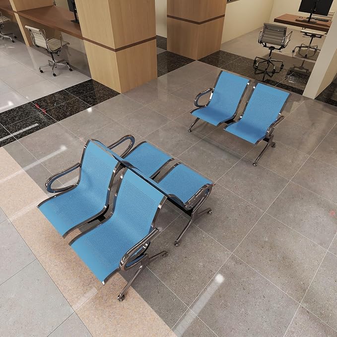 Kinfant 2-Seat Waiting Room Chair - Office Guest Reception Chairs with Ergonomic Backrests, Airport Waiting Bench with Armrests, Metal Waiting Furniture for Hospital, Bank, Salon (Blue, Set of 3)