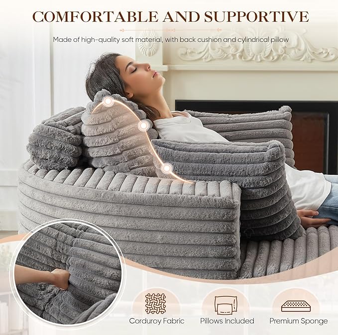 Oversized Round Chaise Longue Chair Indoor, Modern 55-inch Upholstered Corduroy Deep Seat Circle Single Cloud Lounge Floor Sofa Chair for Living Room, Bedroom Apartment, Grey