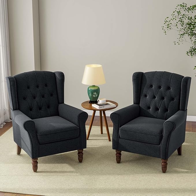 DREAMSIDEA Accent Chair, Upholstered Armchair with Button Tufted High Back & Solid Wood Legs, Comfy Wingback Reading Single Sofa Chair for Small Spaces, Living Room, Bedroom (Blue, Set of 2)