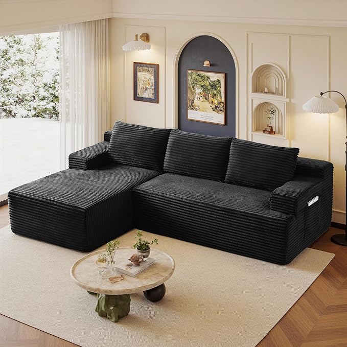 96" Sectional Couches for Living Room Cloud Couch Sofa with L-Shape Upholstered Boneless Couchs Modern Modular Sectional Couch with Chaise (Black, 96" W+Left Facing Chaise+2Seaters)