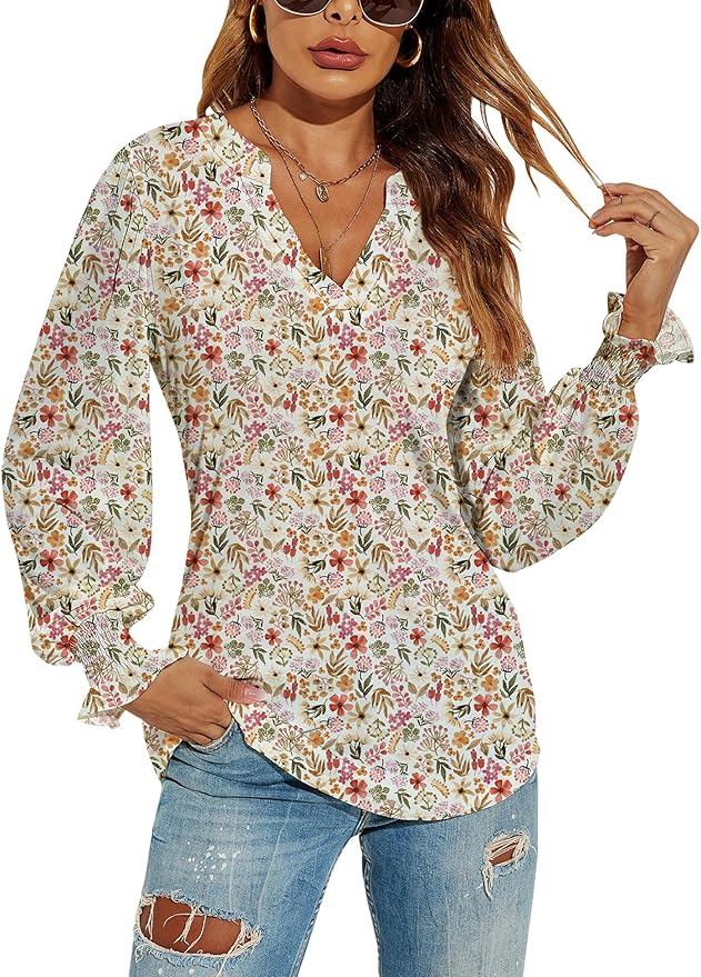 Romanstii Women's Casual V-Neck T-Shirts Loose Puff Long Sleeve Tops Tunic Blouses
