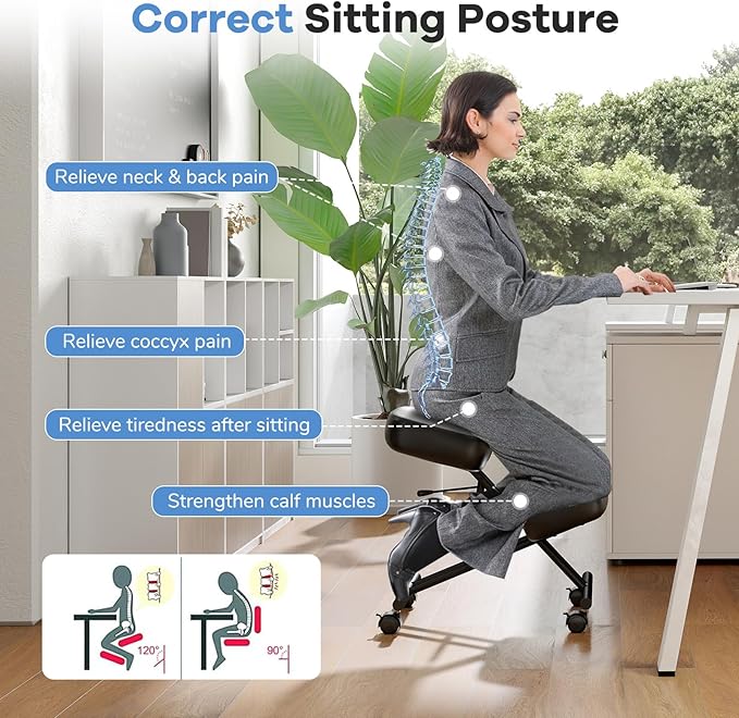 Goplus Kneeling Chair, Upholstered Mobile Desk Chair w/Adjustable Height, Thickened Sponge Cushion, 4 Lockable Universal Wheels, Office Home Padded Stool with Angled Seat, Black (2)