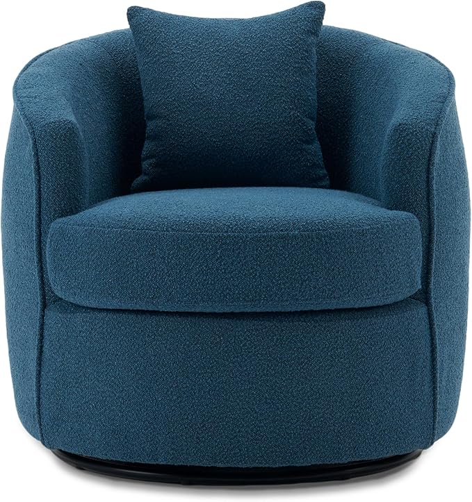 FaFaSoGoodFa Swivel Accent Chair, Modern Upholstered Boucle Barrel Arm Chairs with Pillow for Living Room, 360 Degree Round Swivel Sherpa Armchair with Round Base for Bedroom Club (1, Dark Blue)
