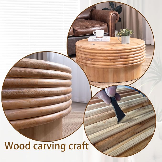 30.3" Round Wooden Coffee Table with Hidden Storage,Modern Rustic Centerpiece for Living Room,Natural Finish