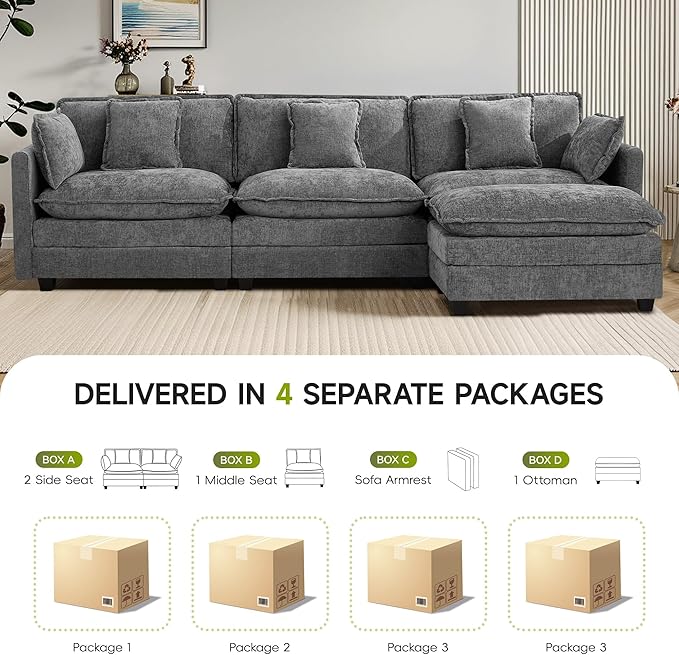UMBFUN 3-Seater Cloud Couch with Ottoman, Oversized Comfy Modular Sectional L Shaped Sofa with Deep Seats, Chenille Couch for Living Room, Grey
