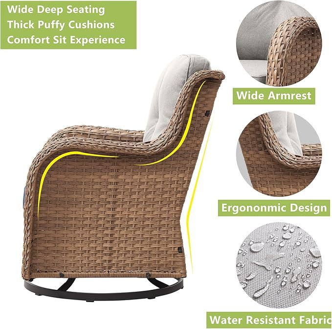 Rilyson Patio Chairs Rocking Swivel Chiar - 2 Piece Outdoor Wicker Furniture Chairs Set Rattan Rocker Chair with High Back and Deep Seating for Porch Deck(Yellow/Beige)
