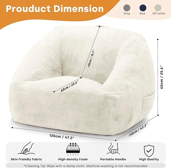COSIEST Bean Bag Chair, Big Comfy Couch with Armrests, Furry Beanbag Chair with Foam Filler for Adults & Kids, Stuffed Accent Sofa for Reading, Lounge Floor Sofa for Living Room, Bedroom, Cream