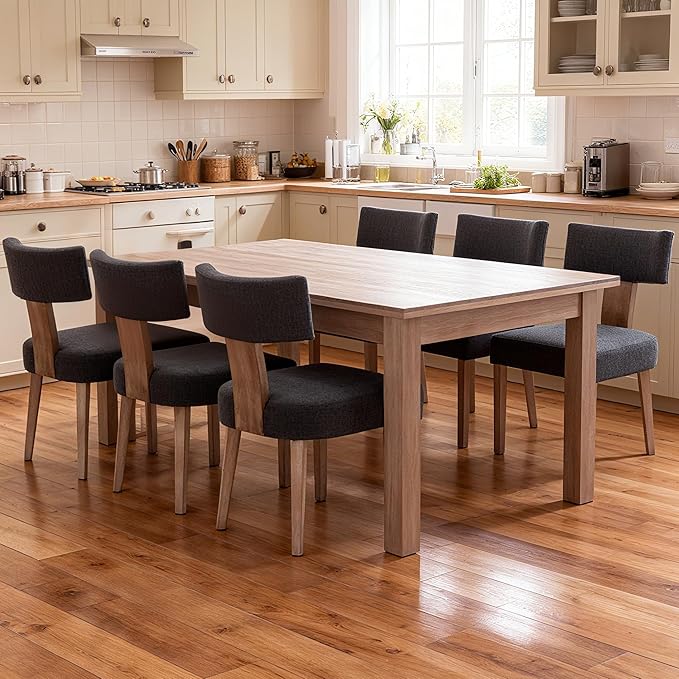 RIVOVA Linen Dining Chairs Set of 6, Modern Dining Chair with Curved Backrest and Wood Legs Upholstered Dining Chairs Farmhouse Dining Room Chairs Kitchen Chairs, Charcoal