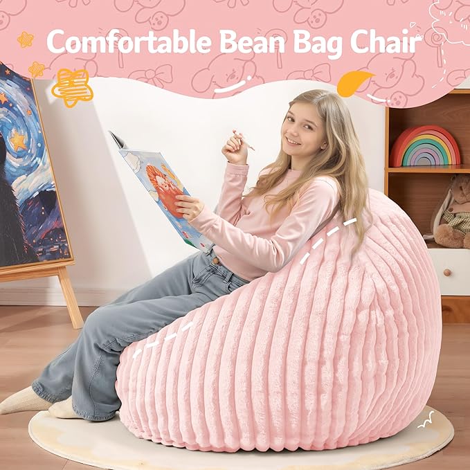 Homguava 2FT Bean Bag Chair, 2' Small Bean Bags with Memory Foam Filled, Beanbag Chairs with Machine Washable Cover Dutch Corded Plush Cover for Classroom,Living Room,Bedroom-Soft Pink