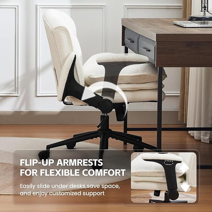 Criss Cross Chair with Flip-up Arms, Wide Criss Legged Chair with 3 Layer Cushion, Ergonomic Office Desk Chair with Wheels, Swivel Vanity Chair for Office, Living Room, Bedroom, Boucle White