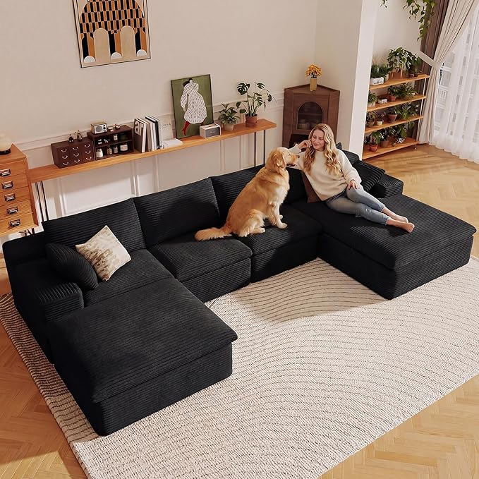 136" Cloud Sectional Couch with U-Shaped Chaise,Corduroy Viral Boneless Sofa with Ottoman,Memory Foam Couches in a Box with Deep Seat for Living Room,No Assembly Required (Black,Right-Facing Chaise)