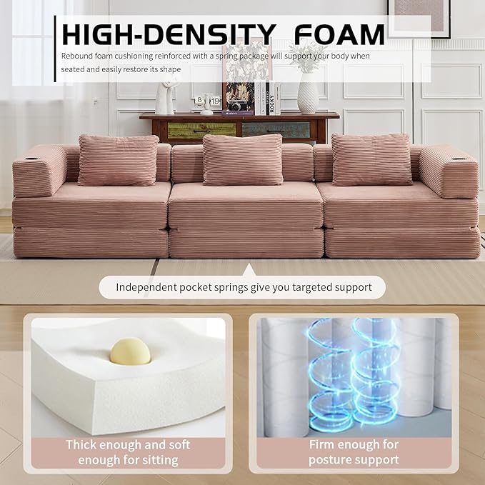 118" Oversized Convertible Floor Sofa Bed, Boneless Foldable Mattress Cloud Couch with Pillow Back & Armrest, Fold Out Floor Couch with Cup Holder for Living Room Bedroom Lounge, Corduroy, Pink