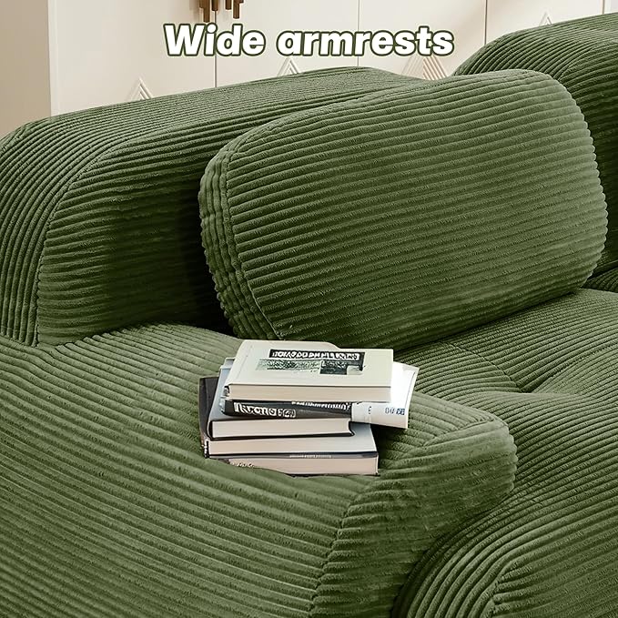 SoarFlash 117" Modern L-Shaped Modular Sectional Sofa for Living Room, Corduroy Upholstery Oversized 3-Seater Couch with Deep Seat and Movable Ottoman-No Assembly, Green