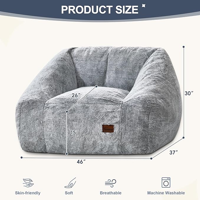 Hobestluk Bean Bag Chairs for Adults Giant Bean Bag Chair with Memory Foam Filling, Adult Beanbag for Bedroom, Living Room (Grey Two-Tone)