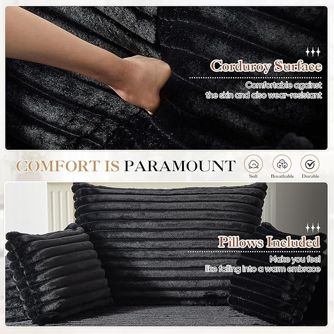 JEEOHEY Modern Round Accent Sofa Chair for Living Room, Upholstered Corduroy Barrel Lounge Arm Chair with Large seat&Throw Pillows for Bedroom, Office, Apartment, Black