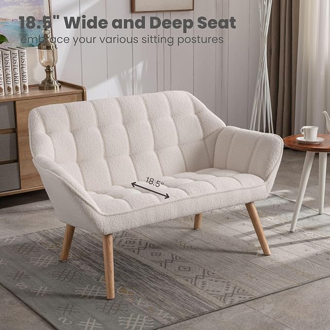 48" White Small Loveseat Sofa, Comfy Faux Fur 2-Seat Love Seat with Wood Legs, Modern Tufted Wingback Upholstered Sofa Couch for Small Space Living Room Bedroom Apartment