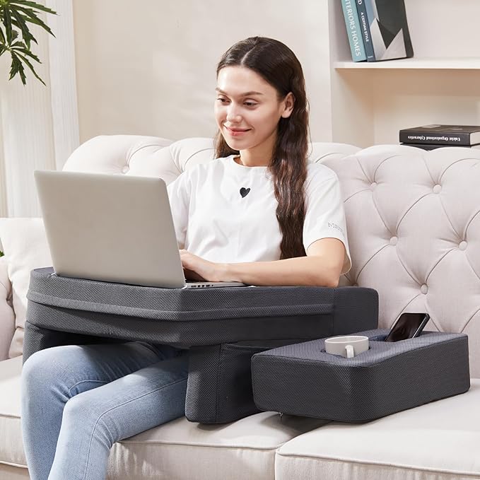 Lap Desk for Laptop, Reading Pillow for Adult, Memory Foam Gaming Pillow with Cup Holder, Arm Rest Couch Pillow for Working, Gaming, Reading, Laptop Desk for Couch Bed Floor(Grey)