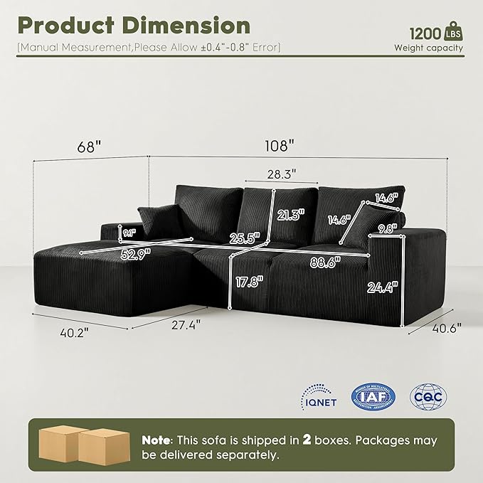 WESTSETLUX 108” Cloud Sectional Sofa Couch with High-Seat, Corduroy Modular Sofa with Oversized Chaise, High-Back Modern L-Shaped Couches for Living Room, No Assembly Required (Black)