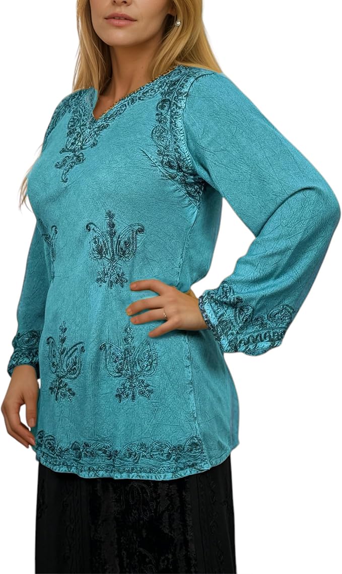 Agan Traders 2025 Winter Long Sleeve Diamond Neck Embroidered Tops - Medieval Boho Vintage Tunic Kurta Blouses for Women