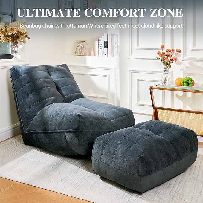 Cvortll Bean Bag Chair with Ottoman, Comfy Bean Bag Sofa with Memory Foam, Lazy BeanBag Sofa with Footstool, Fireside Bean Bag Couch for Living Room, Bedroom, Apartment (Blue Gray)