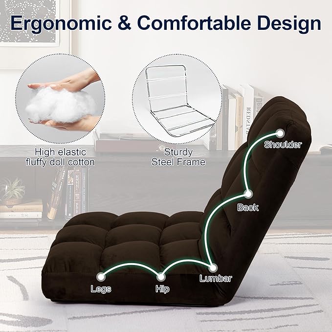 Floor Chair, 24 inches Wide Oversized Velvet Armless Lay Flat Floor seat Padded Meditation Chair with 6 Adjustable Position Ergonomic Comfortable Convenient(LRSF-015-BROWN)