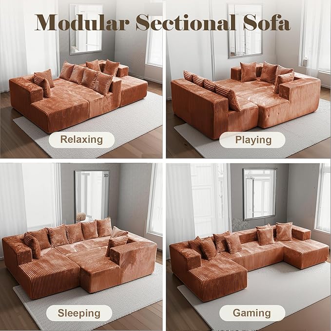 130'' U Shaped Couched for Living Room, Cloud Modular Sectional Couch with 2 Chaise Lounge, Modern Minimalist Upholstered Sofa Sleeper Deep Seat Corner Couch, No Assembly Required Orange Brown