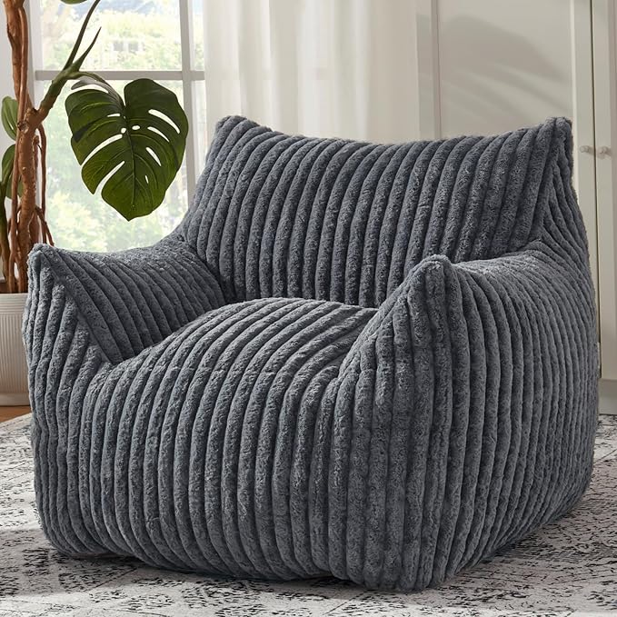 Giant Bean Bag Chairs for Adults with Filling Plush Fluffy Bean Bag Chairs for Teens with Armrests Comfy BeanBag Lazy Couch Sofa Chair for Bedroom Living Room Reading (Dark Gray2, M-for Teens/Adults)