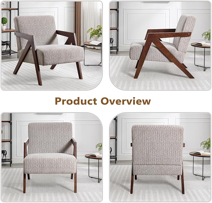Bonzy Home Mid-Century Modern Accent Chair with Solid Wood Frame, Upholstered Armchair for Bedroom & Living Room,Reading Side Chair with Soft Lien Fabric Cushion,Easy Assembly