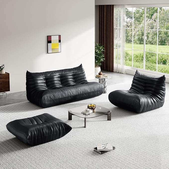 Foam Bean Bag Chairs for Adults,Big Faux Leather Bean Bag Lounger Couches, Modern Sofa,Floor Lazy Sponge Couch for Living Room Bedroom Dorm Office,Black