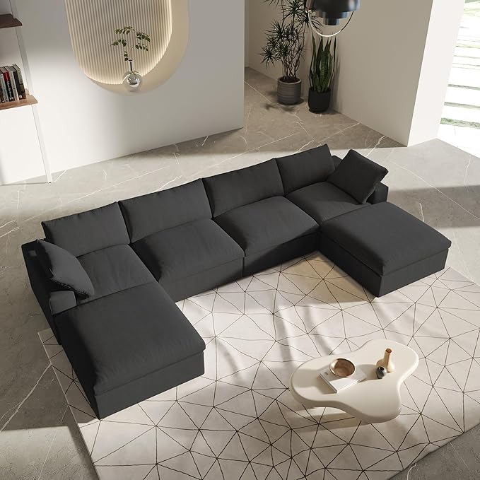 U-Shaped Cloud Sectional Couch, Oversize Modular Sofa, Modern Comfy Cloud Sofa with Storage Ottomans, Covers Removable, Convertible Sleeper Couch for Living Room Apartment (Black, Linen Fabric)