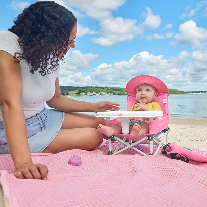 Bright Starts Pop 'N Sit Portable Booster, Indoor/Outdoor Use, Floor Seat with Feeding Tray, Pink, 6 Mos - 3 Yrs